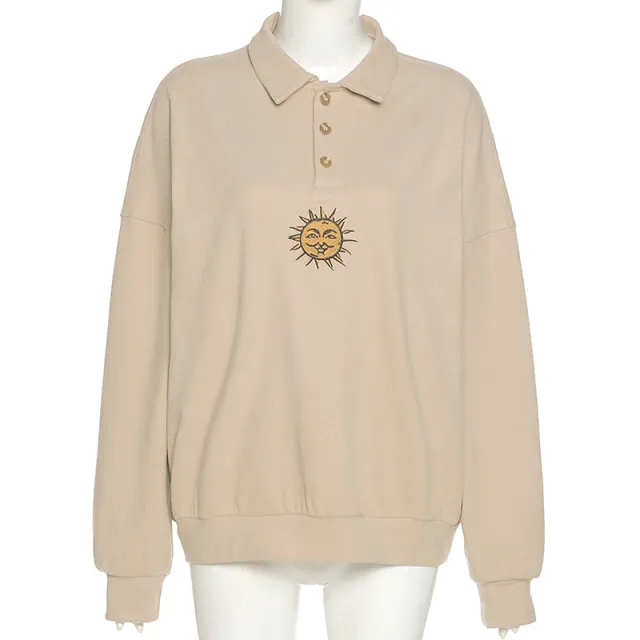 Long sleeved Half open Collar Embroidery Loose All match Sweater Coat Apricot - Shop at LoveMi
