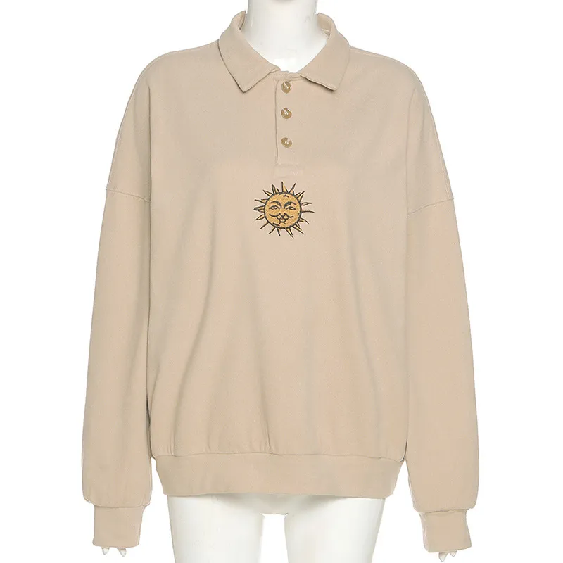 Long-sleeved Half-open Collar Embroidery Loose All-match Sweater Coat - Apricot