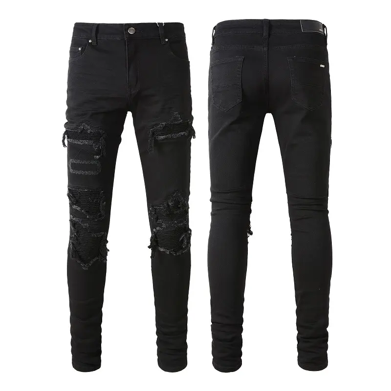 Black Patch Pleated Jeans for Men