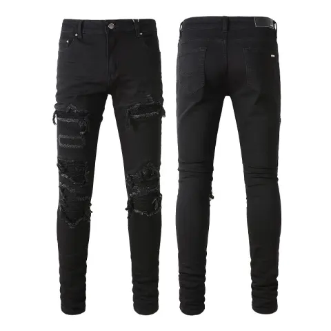 Black Patch Pleated Jeans for Men