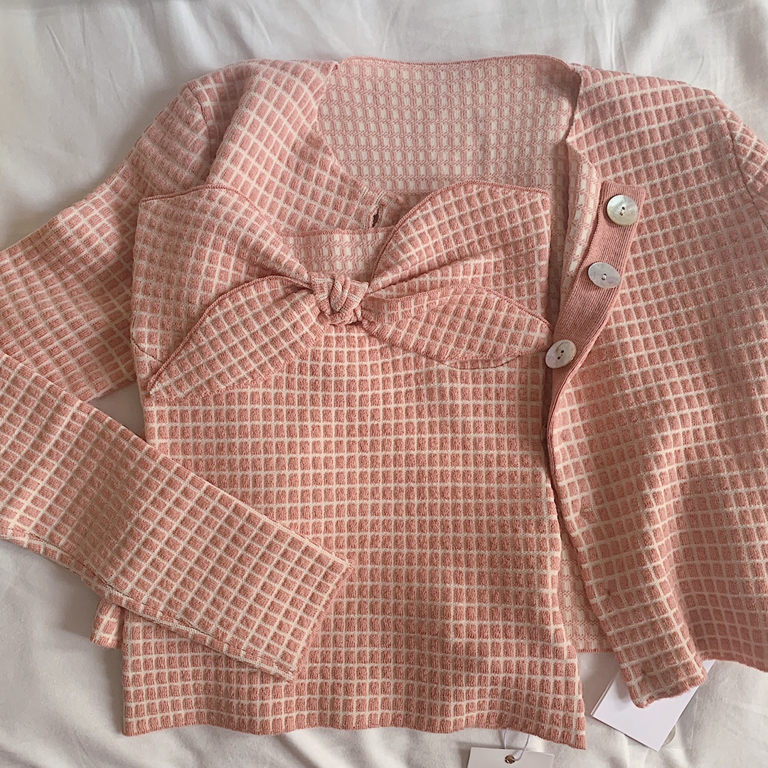 Wool Checkered Jacquard Bowknot Tube Top Knitted Cardigan Two-piece Jacket