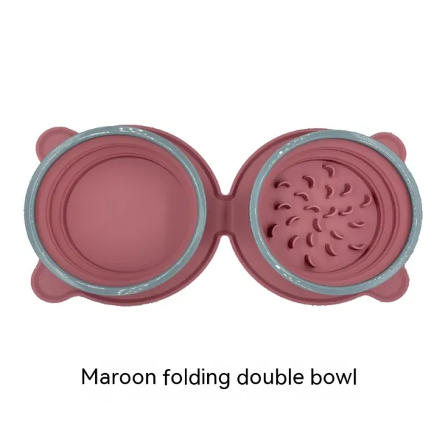 Portable Silicone Double Dog Food Bowls Foldable Non Slip Cat Bowl Pet Travel Anti Choking Feeding Bowl Outdoor Purplish Red - Shop at LoveMi