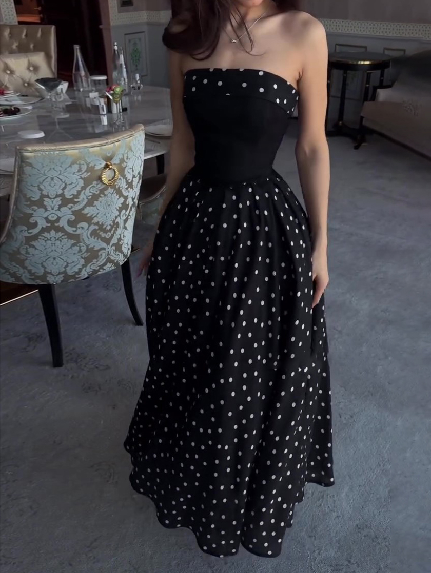Black Strapless Polka Dot Full Skirt Maxi Dress