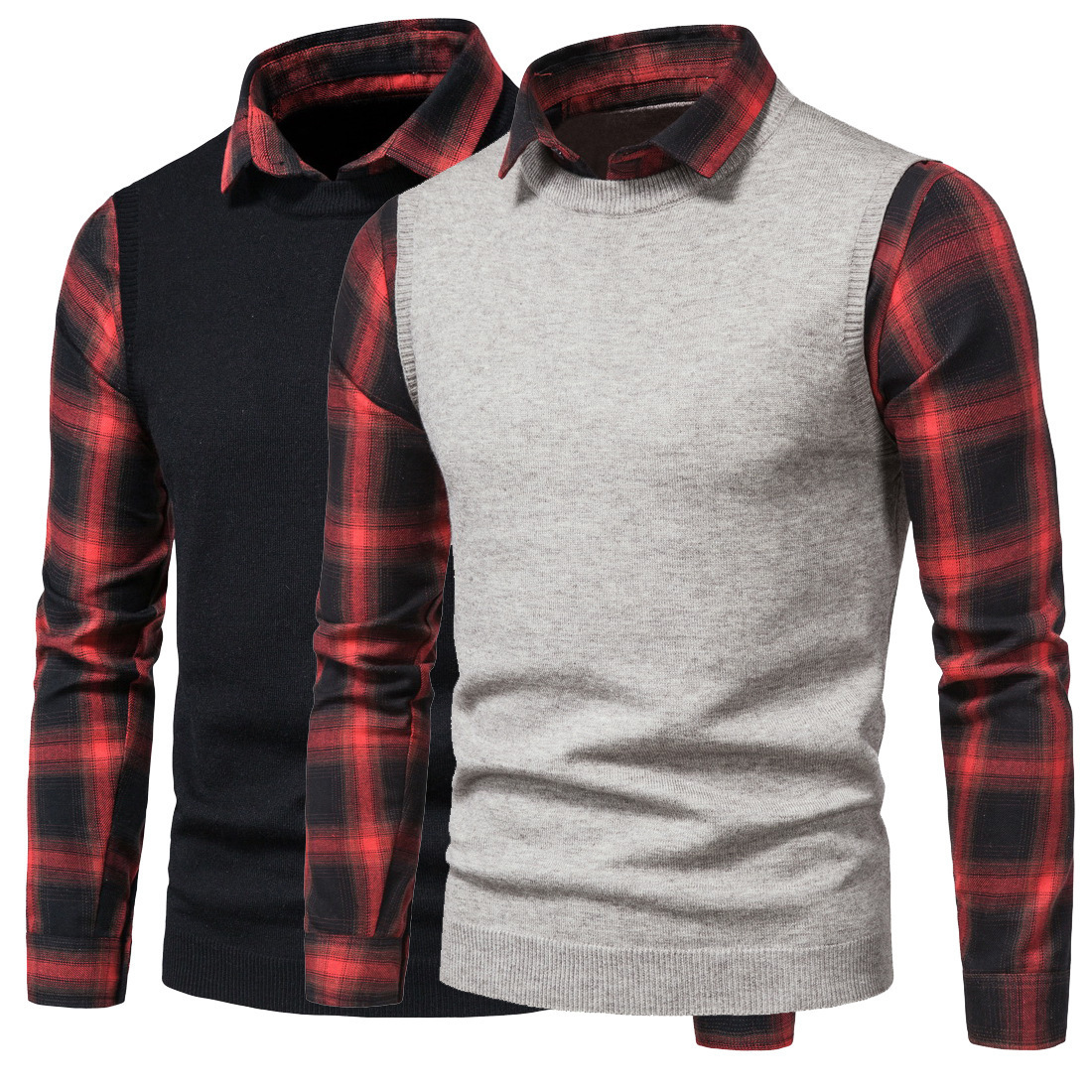 Title 4, Black And Red Plaid Shirt Lapel Fake Two Sweaters