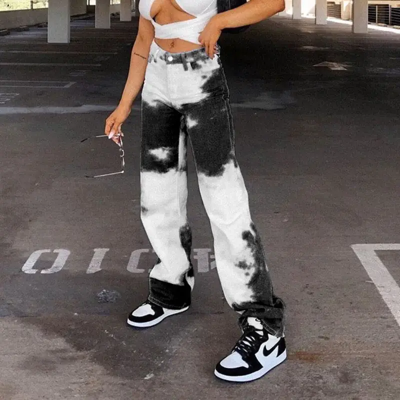 Blue Sky And White Clouds Casual Street Shooting High Waist Straight Tie-dye Pants