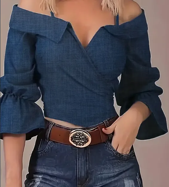 Solid Spaghetti Strap Blouse, Casual Bell Sleeve Surplice Neck Blouse, Women's Clothing Blue - Shop at LoveMi