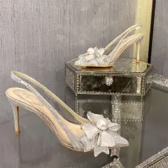 Champagne Bow Rhinestone Stiletto Sheer High Heel Sandals - Silver - View 1