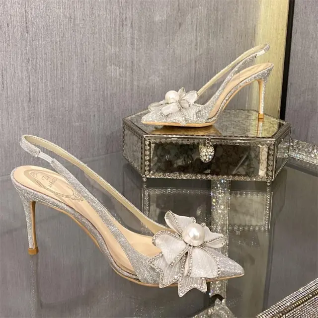 Champagne Bow Rhinestone Stiletto Sheer High Heel Sandals Silver - Shop at LoveMi