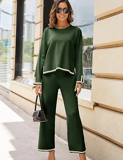 Women's Long Sleeve Knit Sweater Top Wide Leg Pants Casual Set Army Green - Shop at LoveMi