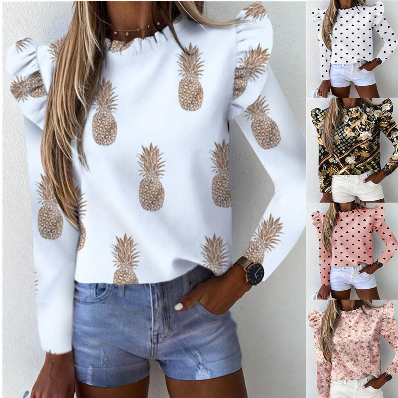 Title 6, Ruffled Long Sleeve Crew Neck Pineapple Print B...