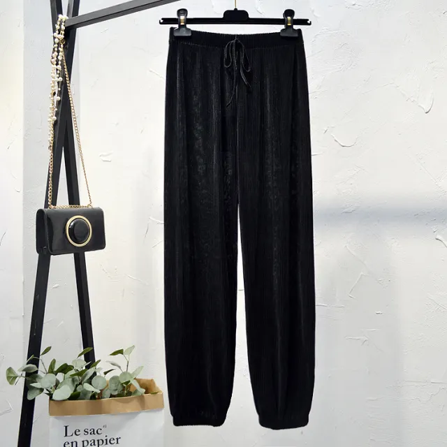 Women's High Waist Ice Silk Chiffon Pleated Pants Black - Shop at LoveMi