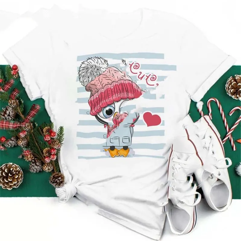 Christmas Penguin Owl Print Women's Black T-Shirt - C25