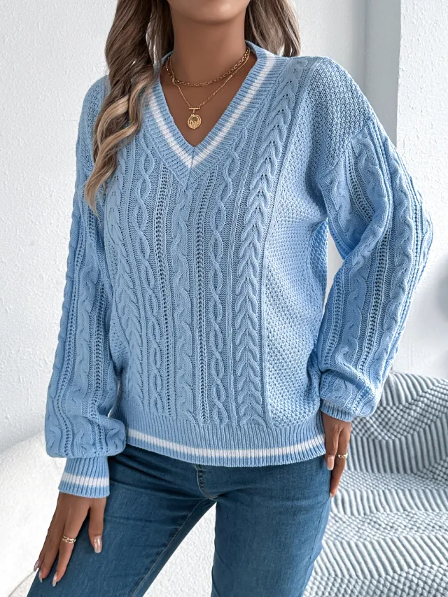 Color Block V Neck Cable Knit Lantern Sleeve Sweater Blue - Shop at LoveMi