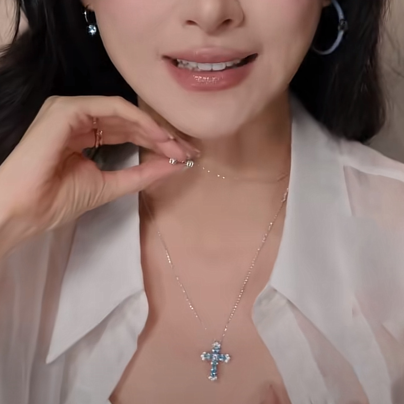 French Elegant Summer Versatile Cross Necklace, Santorini Blue Full Rhinestone Clavicle Pendant Jewelry For Women