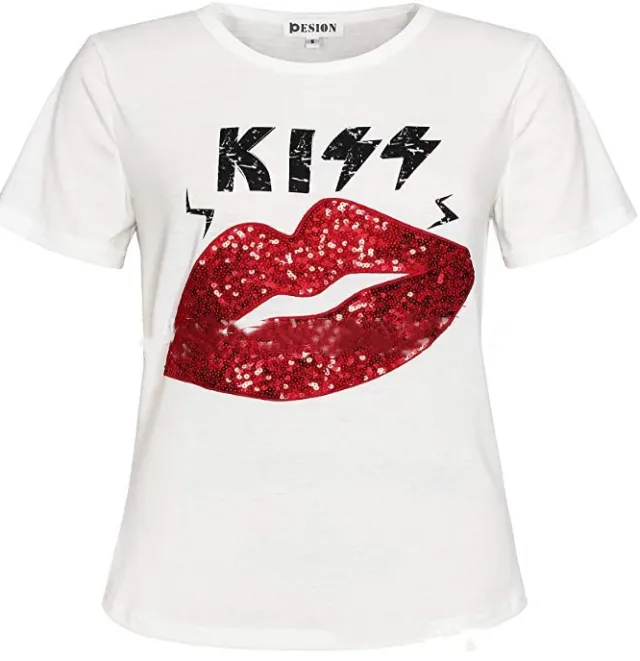 Printed Round Neck Short sleeved T shirt Blouse White - Shop at LoveMi