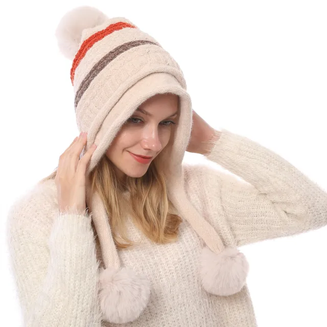 Ladies' New Autumn Fleece Warm Ball Knitted Hat Beige - Shop at LoveMi