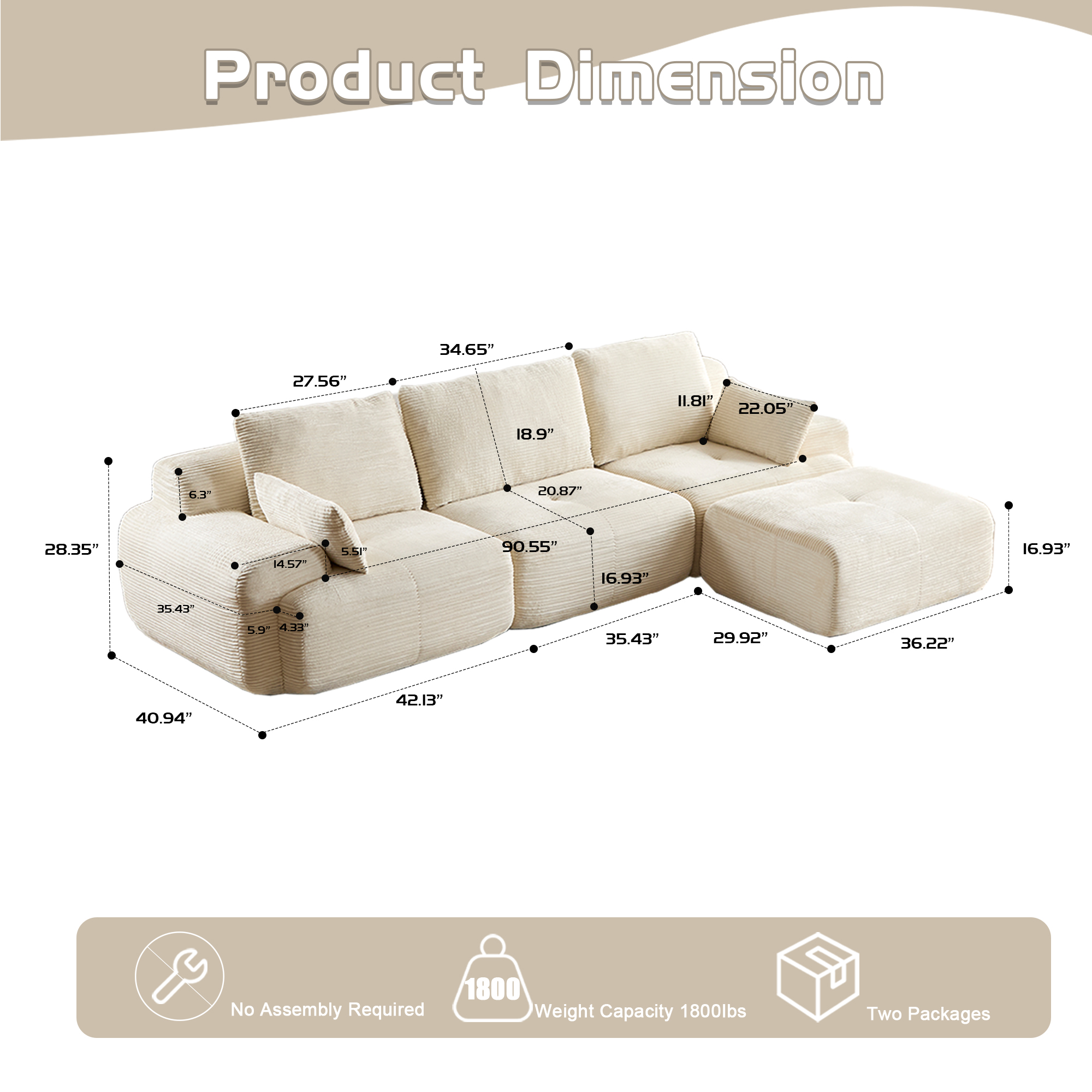 Modern Memory Foam Modular Sectional Sofa | Extra-Deep Corduroy Couch, Pet-Friendly, No Assembly Required – Beige - Image 6