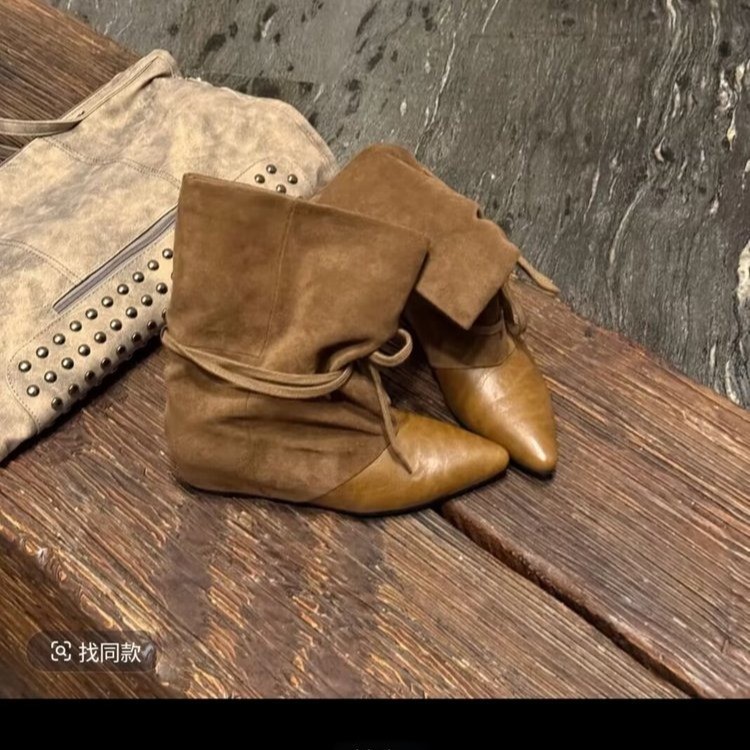 Women Soft Leather Pointed Toe Ankle Boots, Lace-up Ruched Slouch Boots, Fashion Versatile Leather Boots