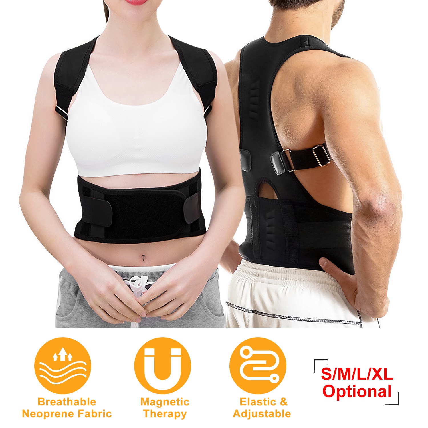 Unisex Posture Corrector Support Magnetic Lumbar Back Posture Support Belt Adjustable Upper Back Braces Clavicle Shoulder Brace Belt Pain Relief Therapy