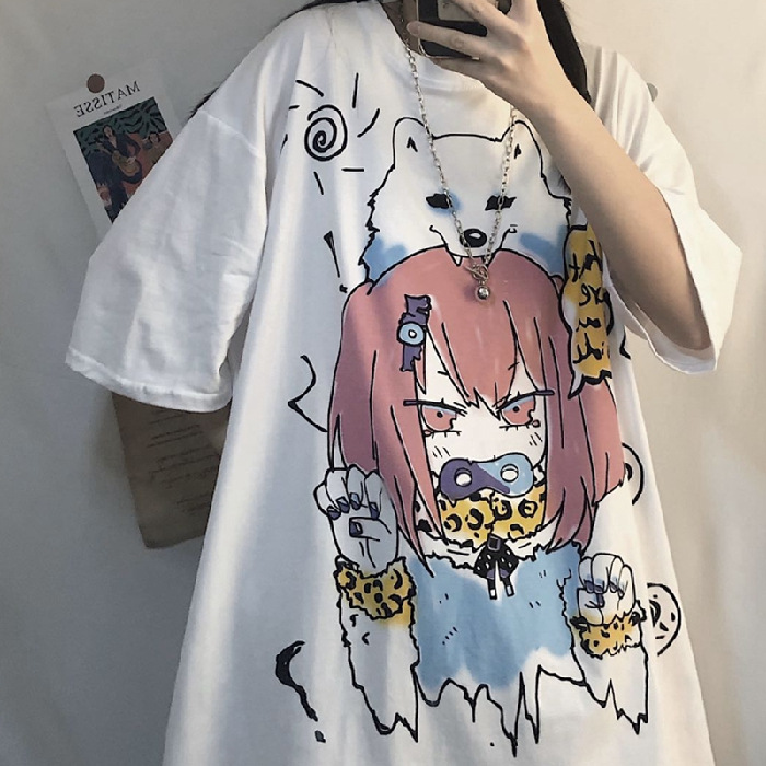 Title 5, Anime White New Loose Ladies Short Sleeve T-shirt