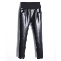 Matte Leather Pants Women's Fleece-lined Thickened - Black, Light Fleece Lining - View 1
