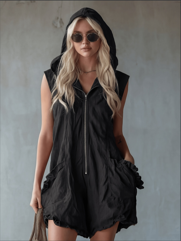 Hooded Sleeveless Half Zip Ruffle Hem Pocketed Casual Romper 2 Colors Available