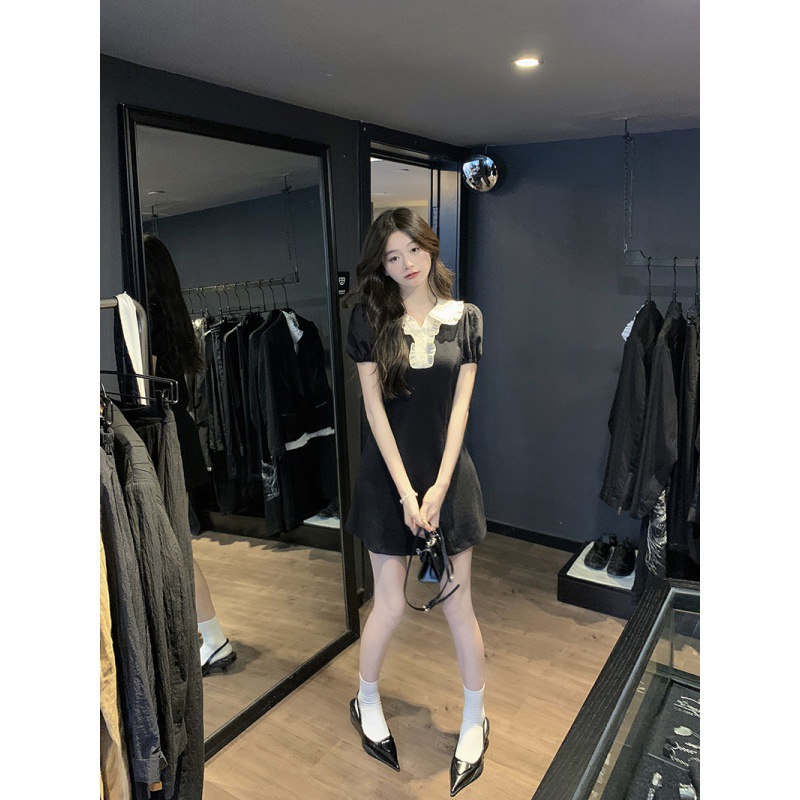 Lace Panel Contrast Polo Neck Short Sleeve Dress
