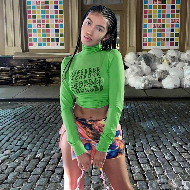 Women's High-neck Cropped Bottoming Printed Blouse