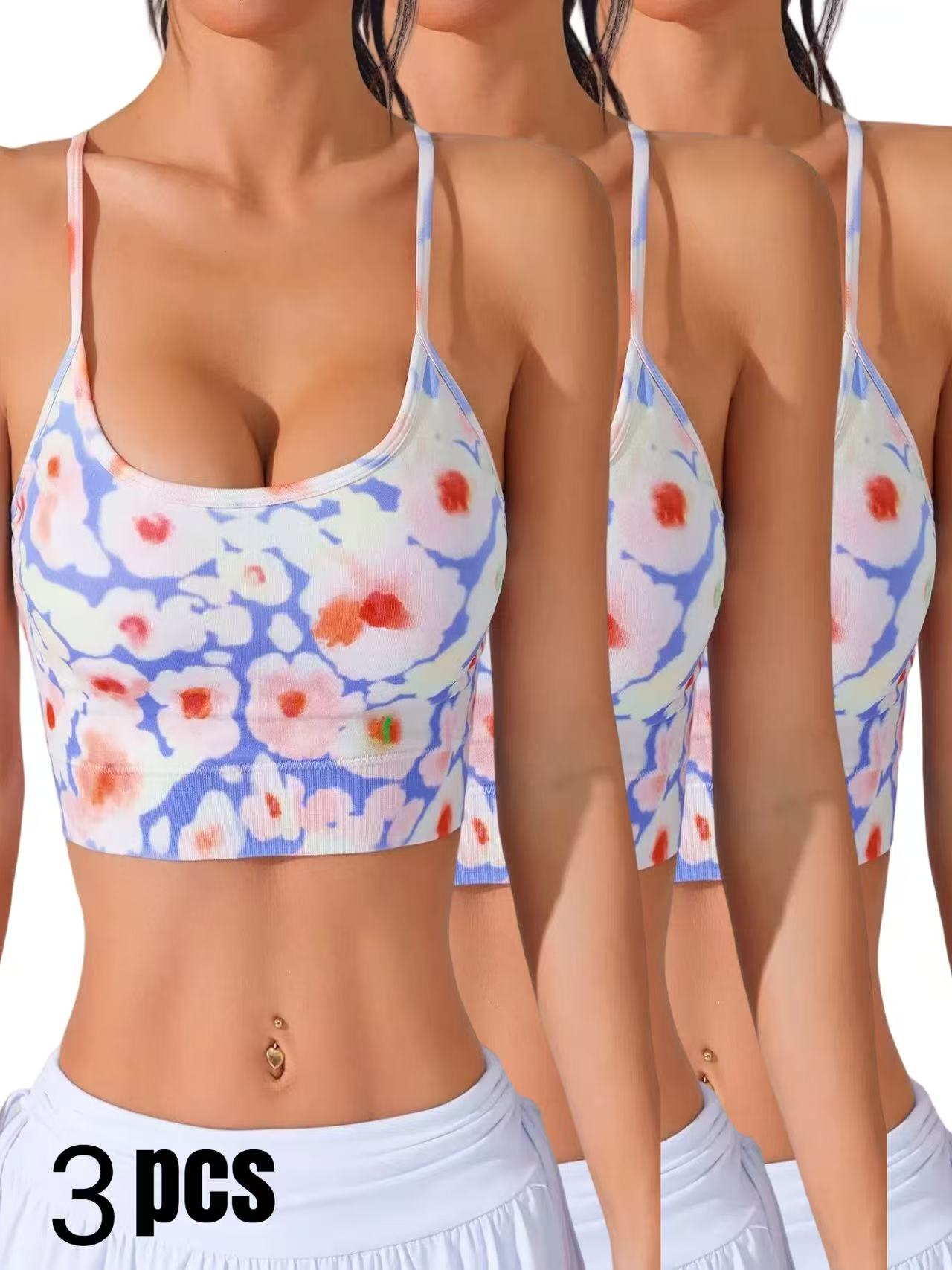 3 Pack Women's Spring & Summer New Cross Thin-Strap Floral Print Daily Sports Bra - Image 1