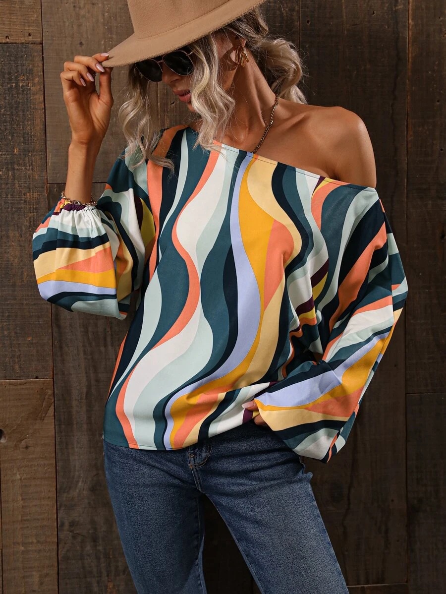 Title 10, Summer Painted Off-shoulder Bishop Sleeves Top