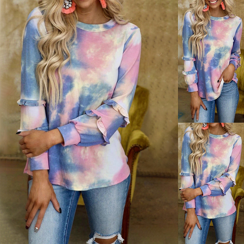 Printed Long-Sleeved Stitching Ruffled Round Neck Casual Top