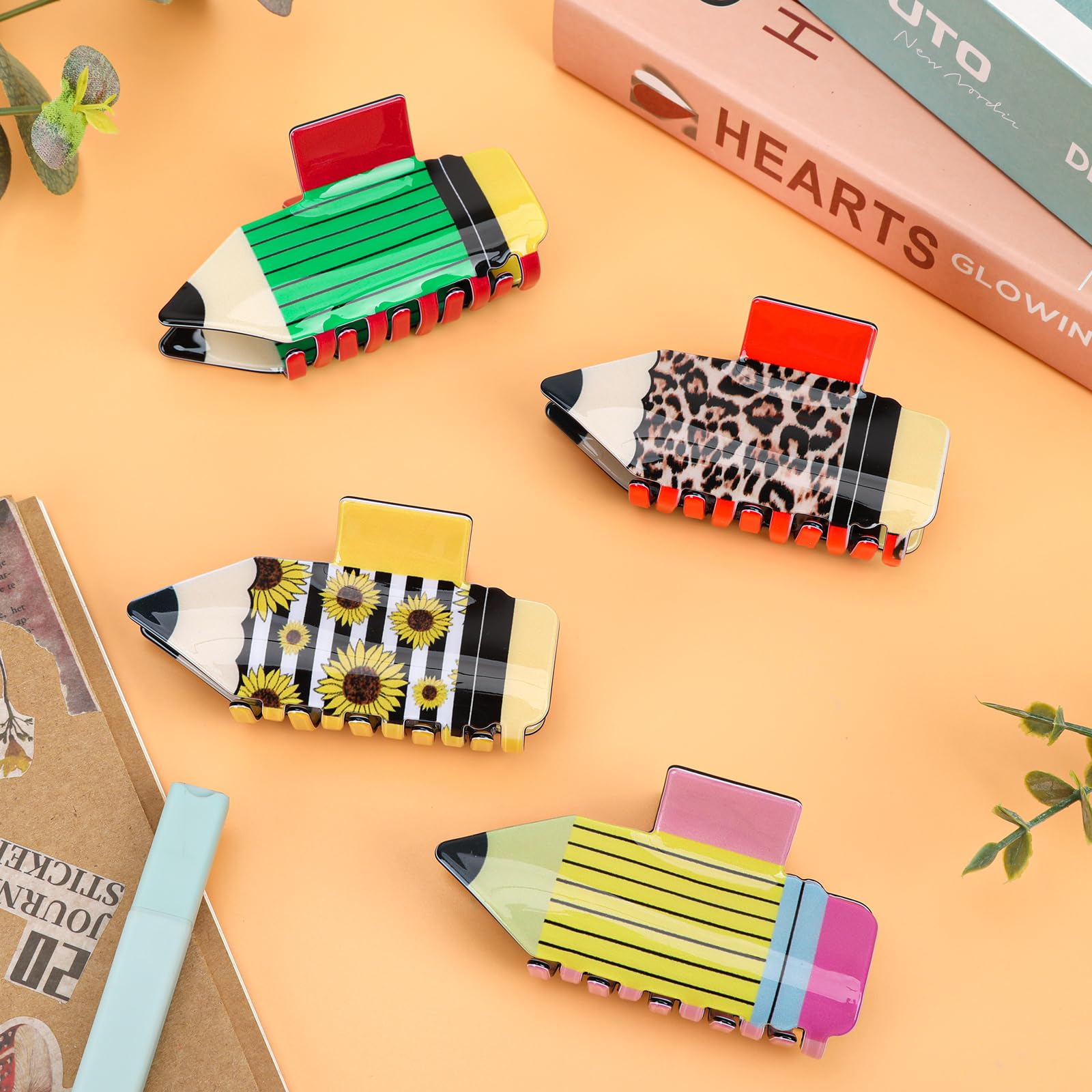 4Pcs Pencil Hair Clips Back To School Hair Accessories For Women Sunflower Leopard Stripe Hair Claw Clips Non Slip Hairpin For Thick Thin Hair School Opens Season Teachers Outfit Decor-Clearance 3