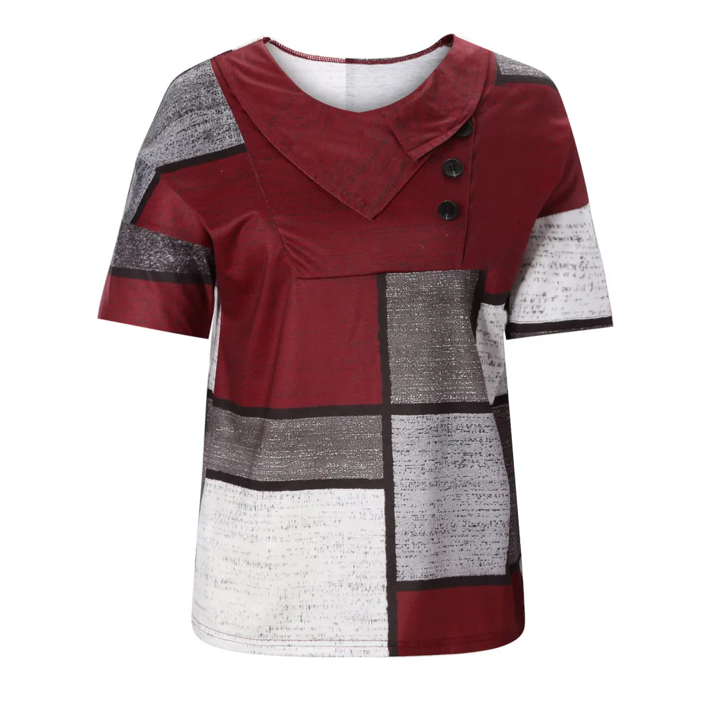 Shirt Cross Collar Button Fashion Print Short Sleeve T Shirt - Wine Red