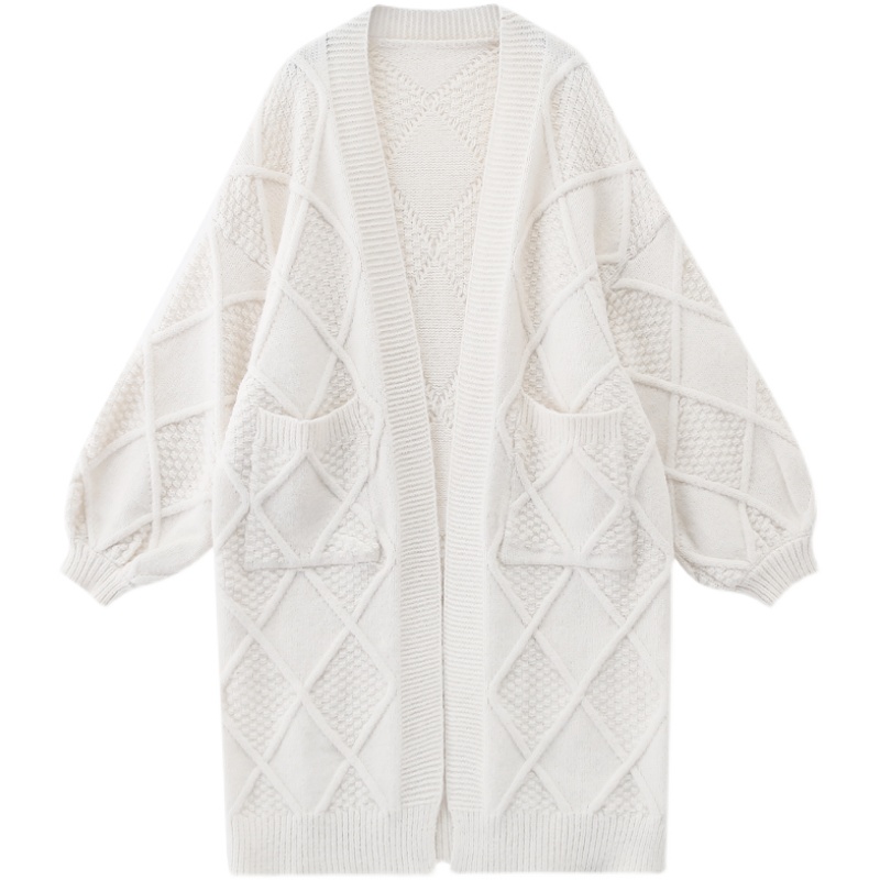 White Knitted Cardigan Women"s Spring And Autumn Middle Long Knee Coat New Style With Loose Lazy Sweater