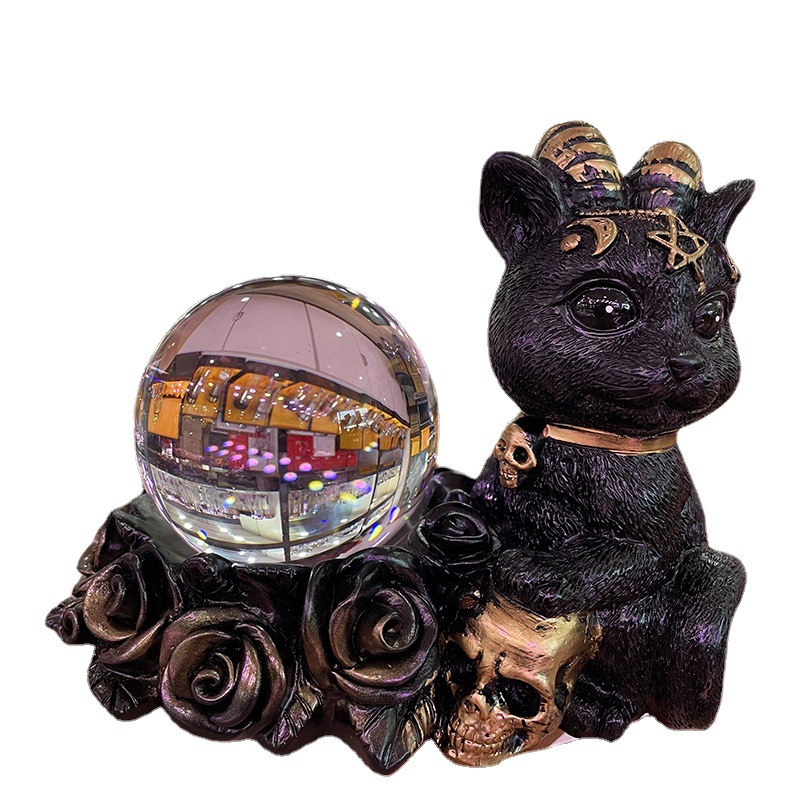 Witch pentagram skull black cat resin ball ornament (silver)