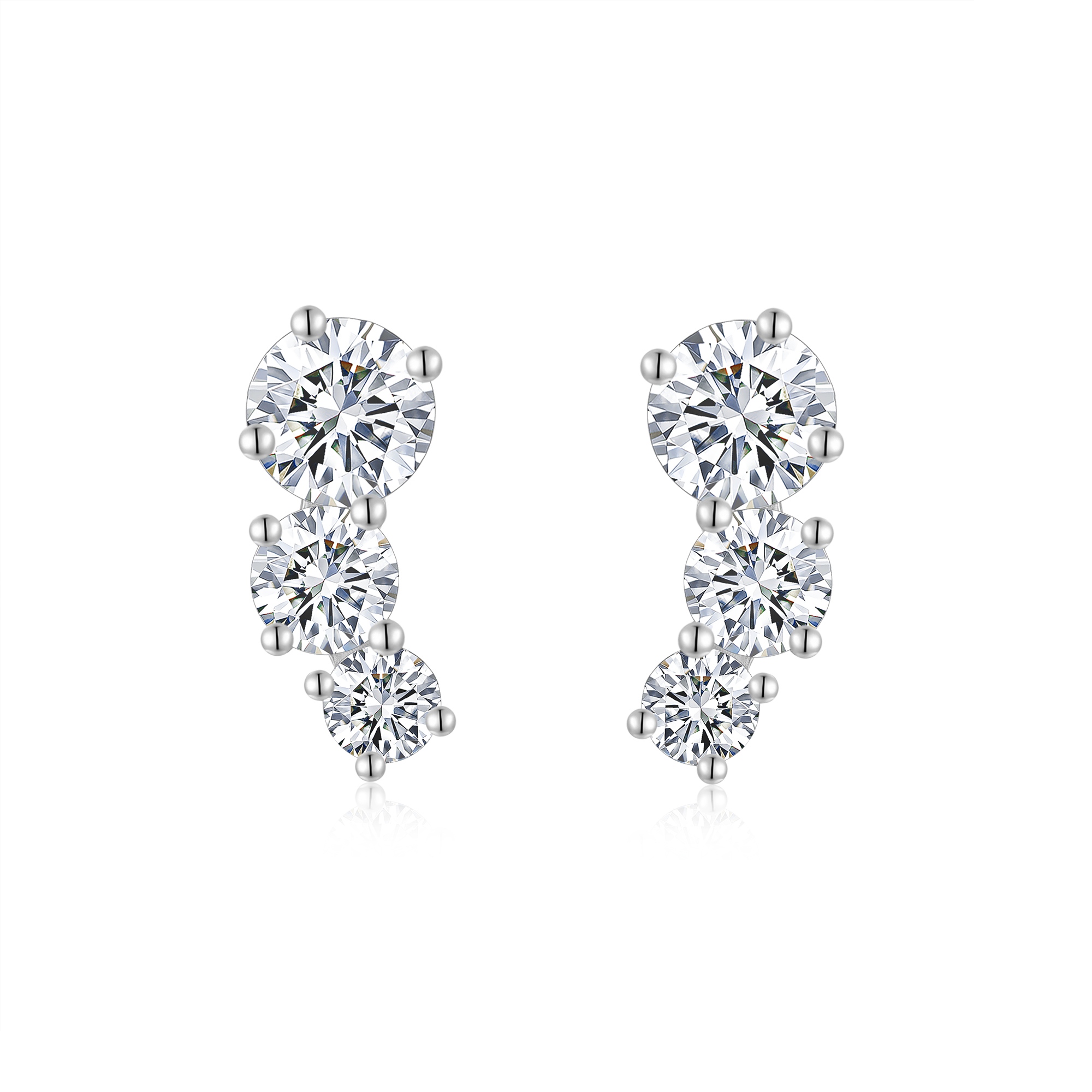 S925 Sterling Silver 3-Stone Graduated Stud Earrings, 1ct D-VVS1 Moissanite Journey Earrings, Platinum Plated 2.5g With GRA Certificate Gift Box