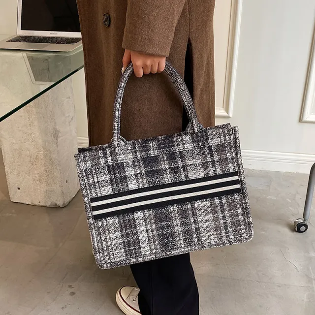 Stylish Canvas Check One Shoulder Crossbody Tote Bag Black - Shop at LoveMi