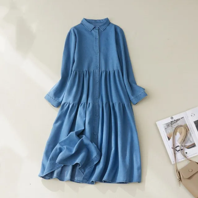 Fall Artistic Loose Plus Size Women's Shirt Collar Brushed White Stitching Ruffle Large Swing Skirt Denim Light Blue - Shop at LoveMi