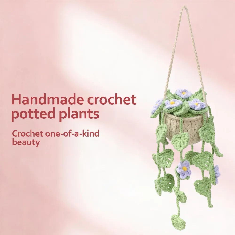 Handmade Crochet Hanging Potted Ornament With Trailing Light Purple Blossoms And Green Leaf Vines Everlasting Soft Yarn Crochet Blossom Indoor Home Hanging Decor