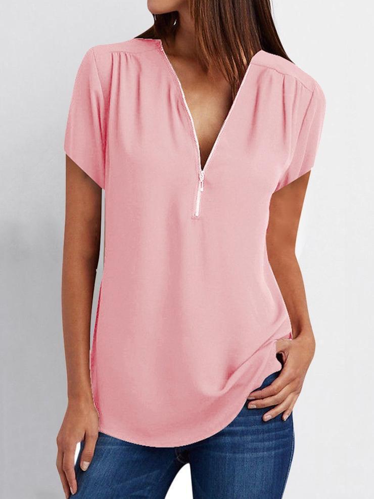 Title 9, V-neck Zipper Short-sleeved Chiffon Shirt