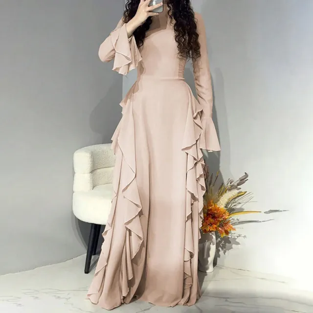 Women's Elegant Ruffles Dress, Slim Fit High Waist Bell Sleeve Wedding Guest Cocktail Tea Party Dresses Beige - Shop at LoveMi