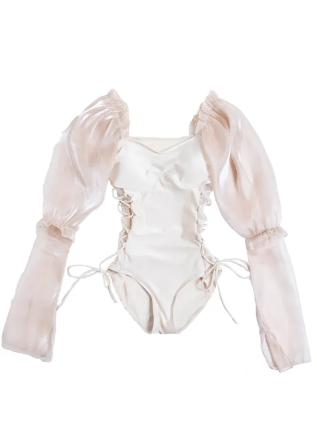French New Women's One piece Slim Hollow Pearl Swimsuit Pearl Champagne - Shop at LoveMi