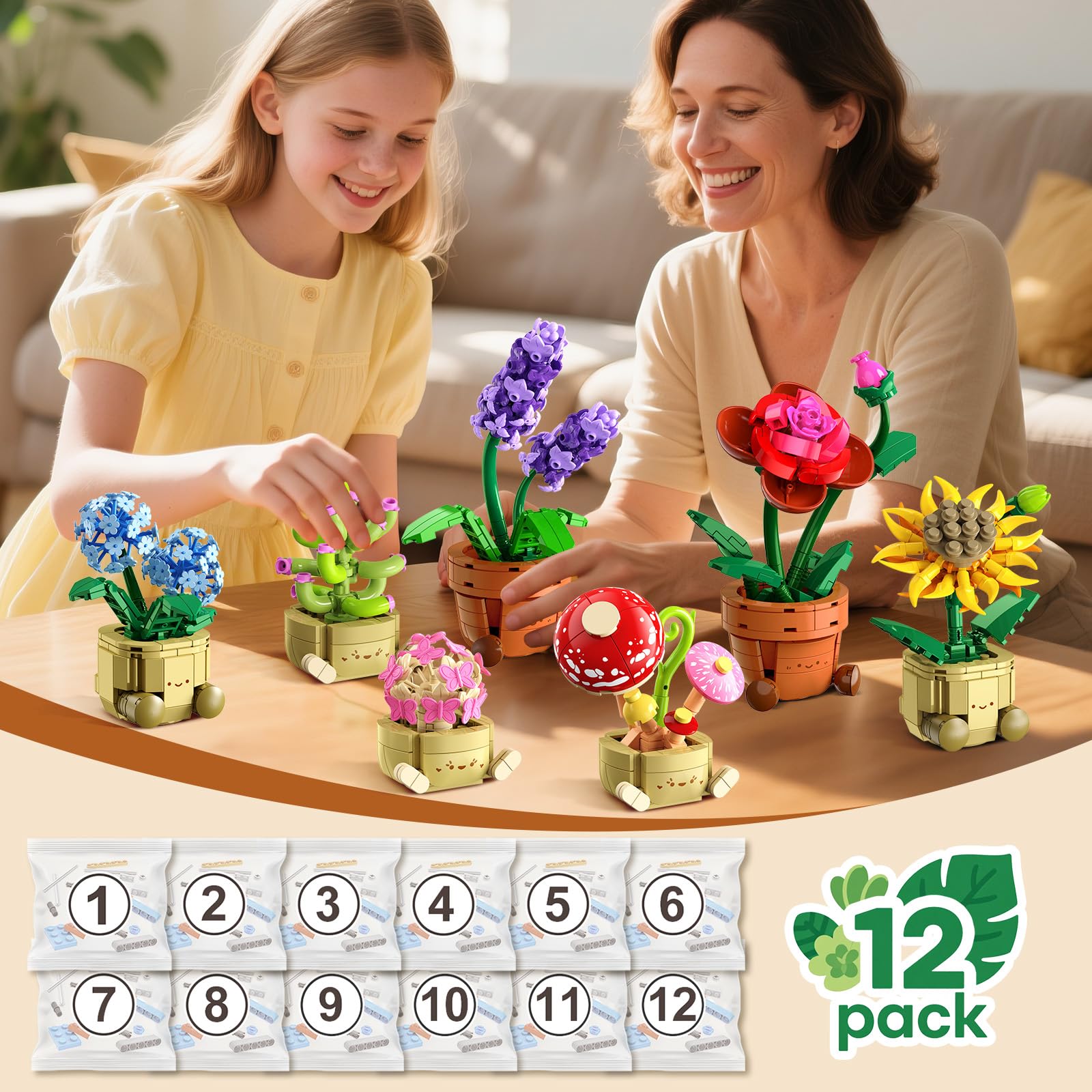 12 Pack Flowers Plants Mini Building Set - 1697PCS Flower Botanical 3.6MM Succulent Building Toy For Home Office Decor, Easter Birthday Party Favors Gift For Adults Girls Boys