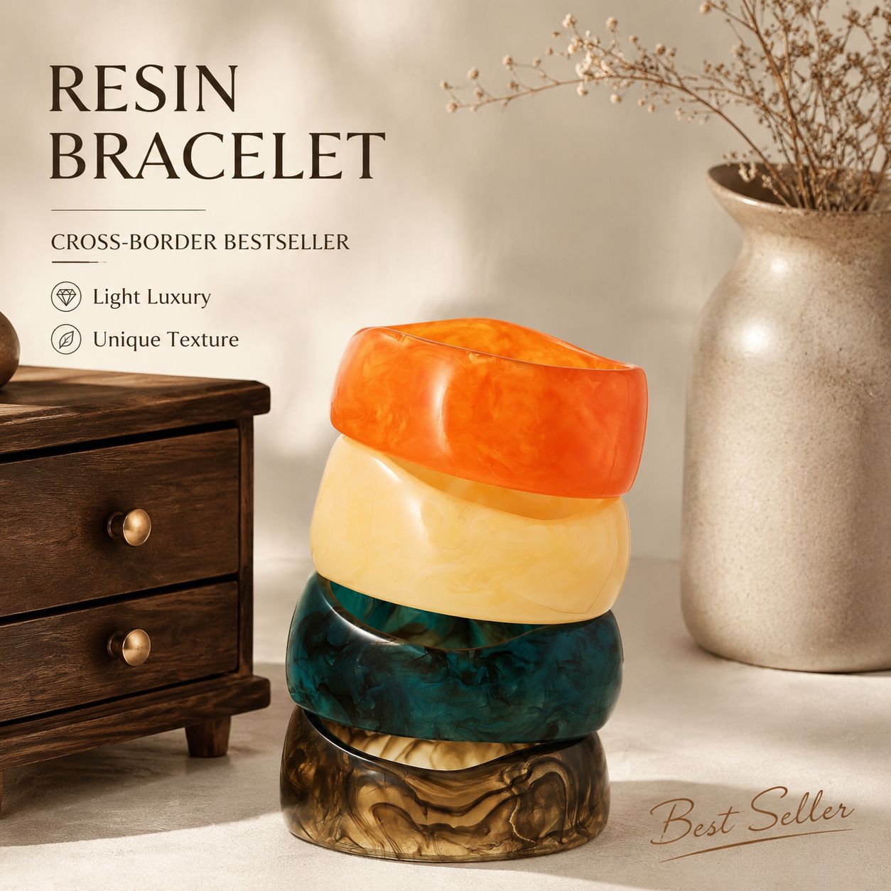 Hot Selling Irregular Resin Bangle Niche Design European American Vintage Chunky Wide Bracelet Retro High Grad