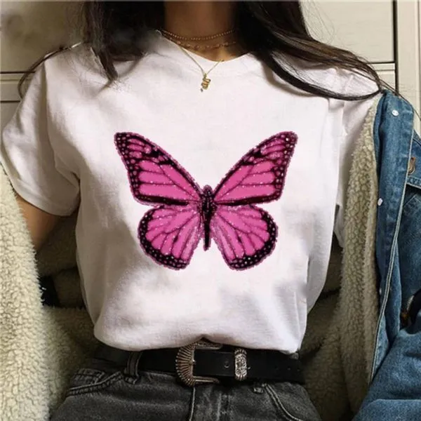 Butterfly Letter Print Loose Casual Ladies Short Sleeve - Shop at LoveMi
