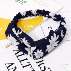 Women's Forest Flower Elastic Cross Hairband - Navy Blue - View 1