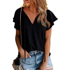 Pure Colour Casual V-neck Chiffon Shirt Loose And Simple Short Sleeves - Black - View 1