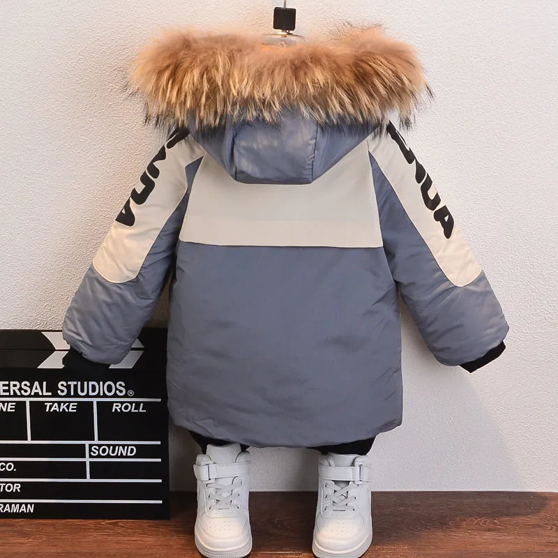 Western Style Boys Winter Clothing Cotton Coat Baby Winter Cotton Padded Fleece Lined Padded Warm Keeping Coat Children's Cotton Wear - Grey