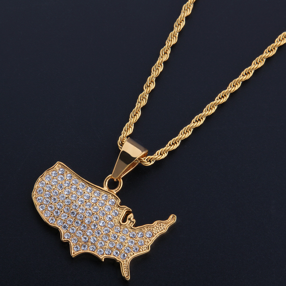 Stainless Steel Full Rhinestone American Map Pendant