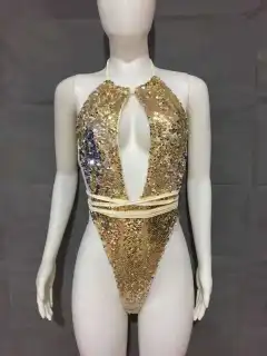 Sexy Strappy One-piece Swimsuit Halterneck Sequin Bikini - Apricot - View 1